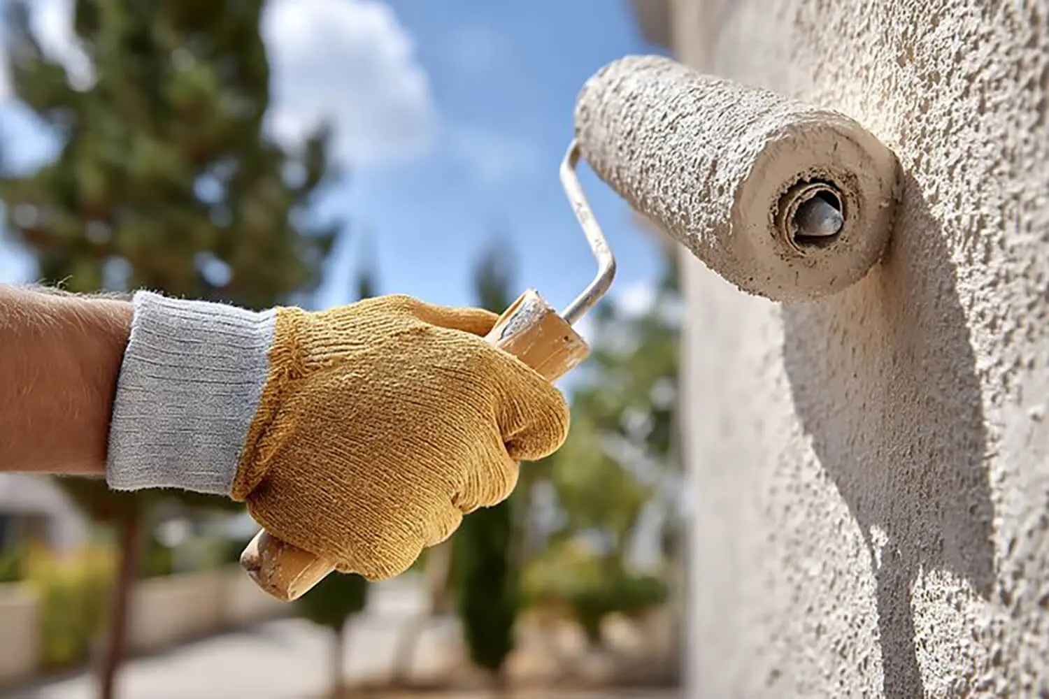 Exterior painting preparation process showing a painter applying primer to a textured exterior wall with a roller