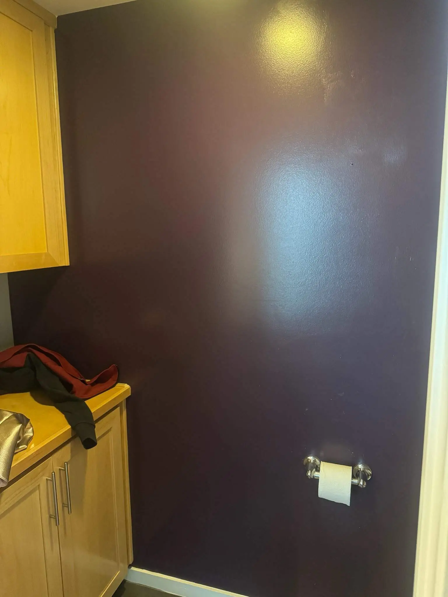 Deep accent wall painting in a bathroom, highlighting smooth, even coverage completed by Sucro Painting Contractors with clean edges around cabinetry and fixtures.