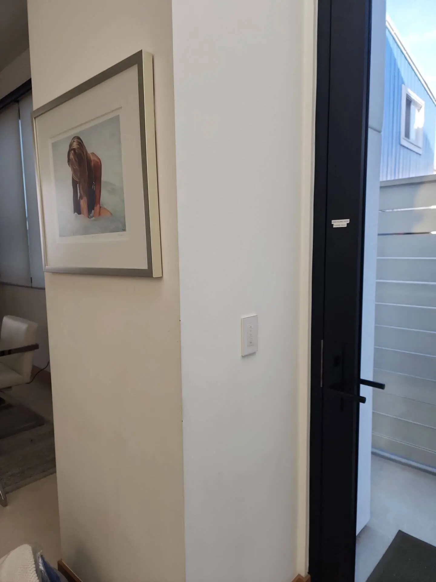 Clean interior wall and trim painting near entryway door, showcasing smooth finishes completed by Sucro Painting Contractors in a modern home interior.