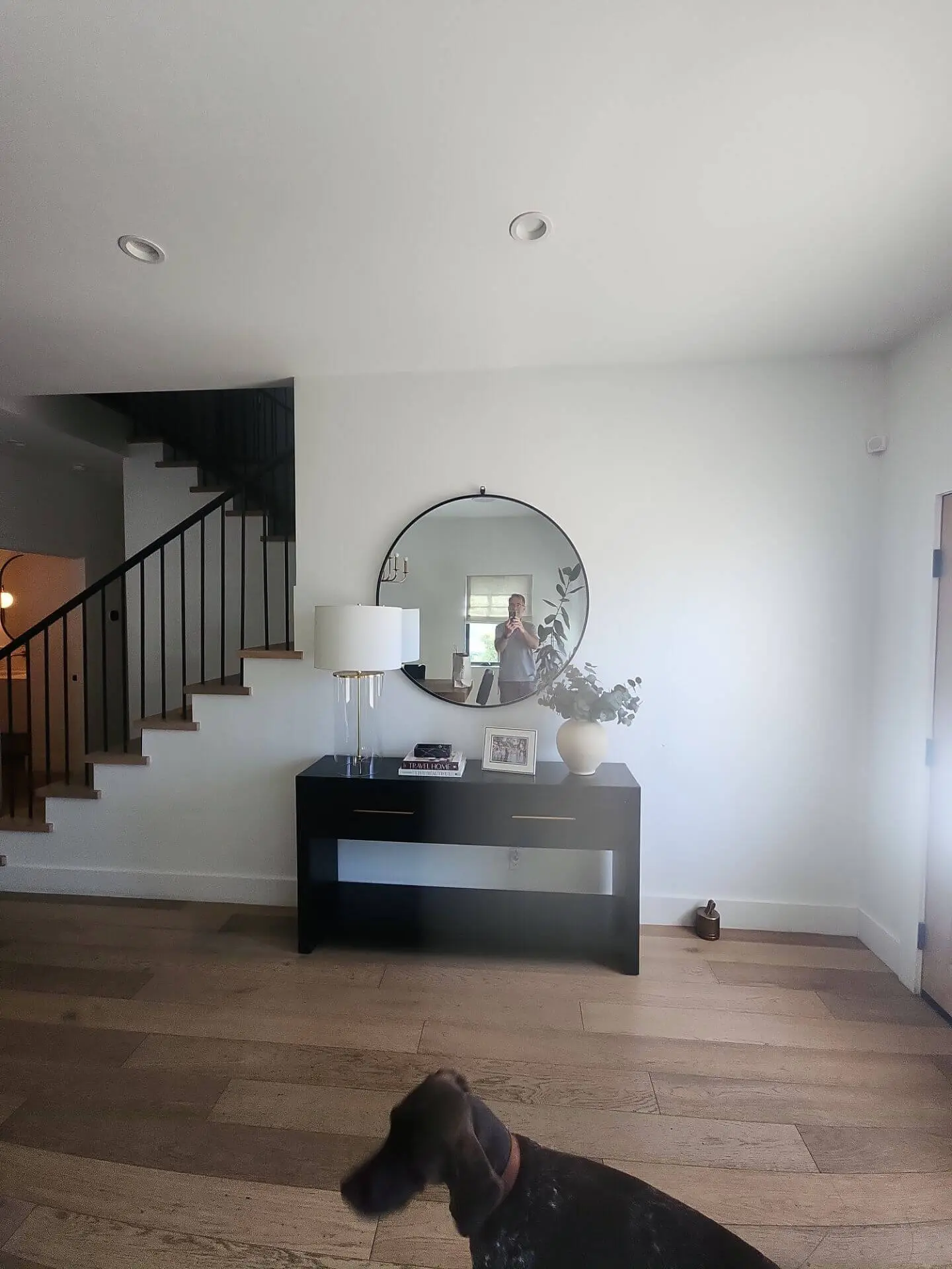Modern entryway with smooth white interior walls and clean trim lines, professionally painted by Sucro Painting Contractors for a bright, polished finish.