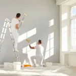 Two commercial painters working together to repaint an interior office wall