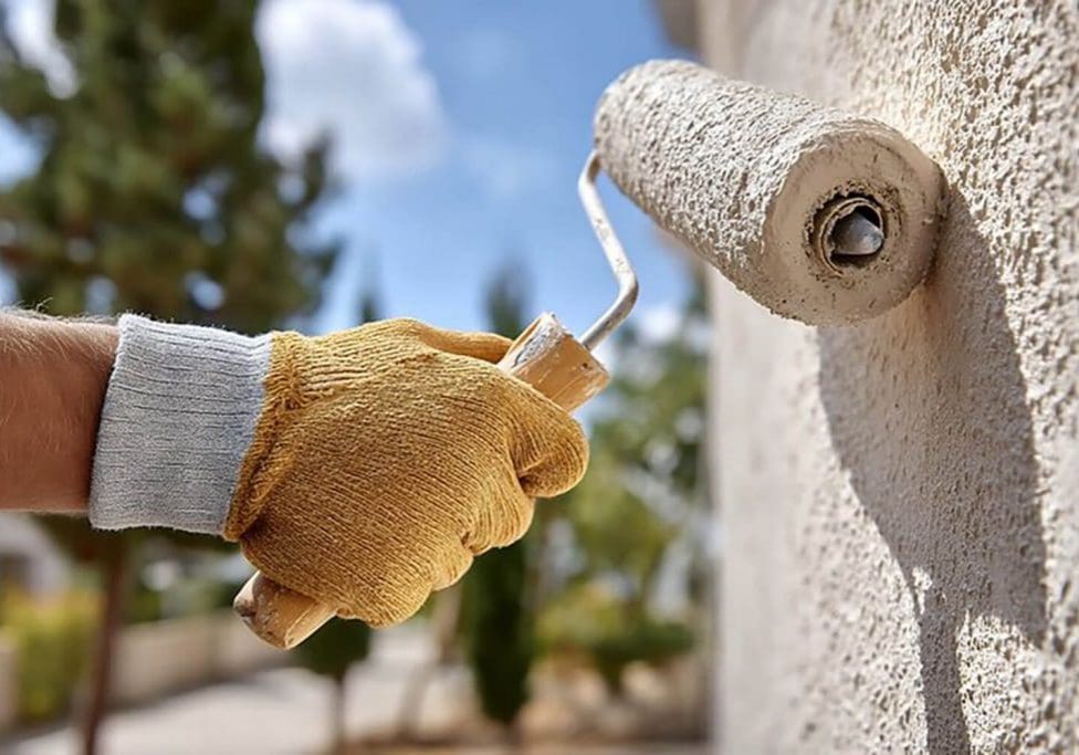Exterior painting preparation process showing a painter applying primer to a textured exterior wall with a roller