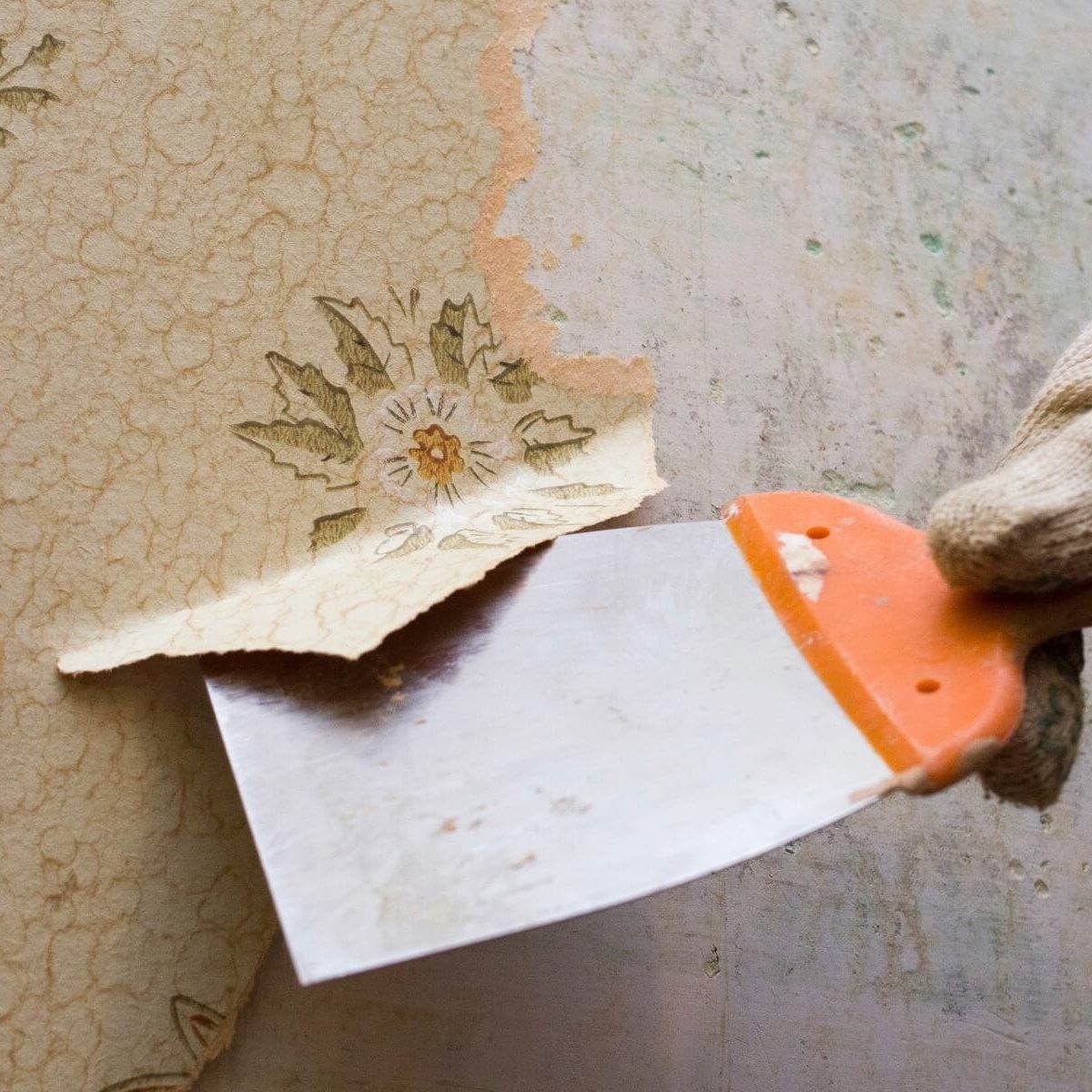 Close-up of contractor using a putty knife to remove old floral wallpaper as part of detailed wallpaper removal services in Torrance, CA.
